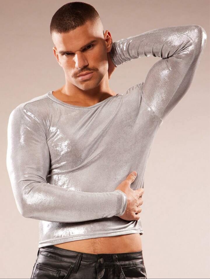 Men's Shiny Silver Crew Neck Long Sleeve T-shirt